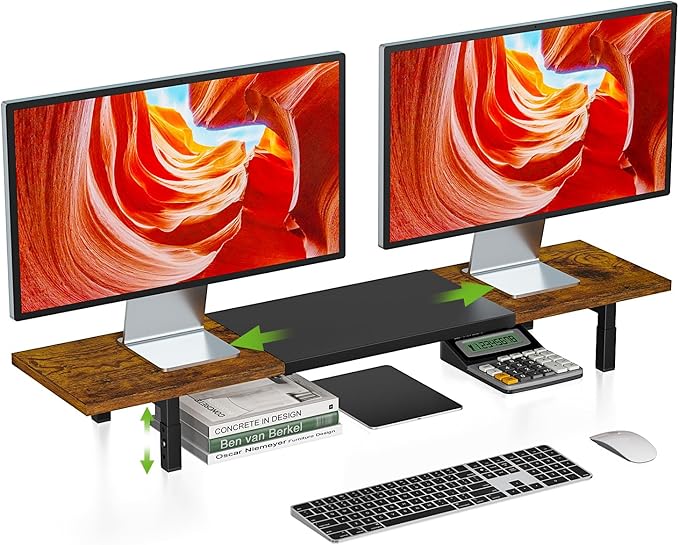 X-cosrack Adjustable Height and Length Dual Monitor Stand Riser, Wood and Steel Monitor Stand for 2 Monitors, Multi-Purpose Desk Shelf Organizer Riser Stand for Computer, Laptop, Printer, TV