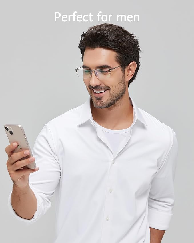 ANRRI Blue Light Glasses Mens Rectangle Semi Rimless Glasses Computer Gaming glasses for men Lightweight Titanium Eyewear