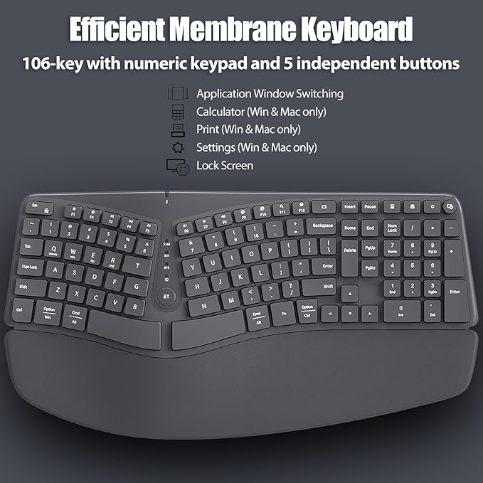 Bow Split Ergonomic Keyboard Wireless with Cushioned Wrist & Palm Rest, Wireless 2.4G/Bluetooth/Wired USB-C, Comfortable Natural Typing, Compatible with Windows/Mac/PC/Laptop, Space Grey