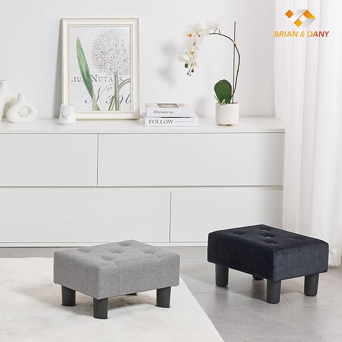 BRIAN & DANY Small Foot Stool, Linen Foot Stools with Legs, Stable Small Footstool for Living Room, Light Gray