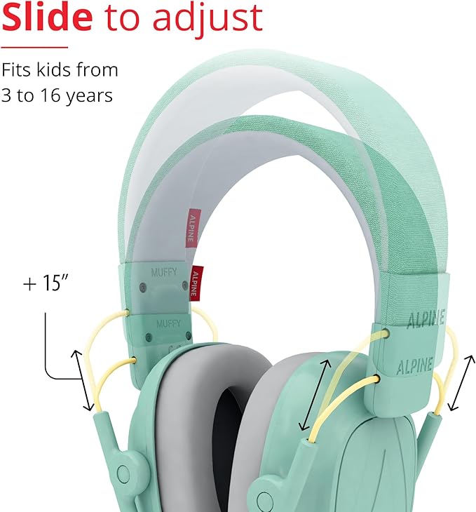 Alpine Muffy Kids - Hearing Protection - CE & ANSI Certified - Adjustable for Ages 3-16 years - Noise Cancelling Headphones - 25dB Sound Reduction Ideal for Protection and Concentration Aid - Mint