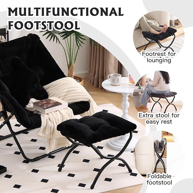 Welnow Folding Foot Stool, Upholstered Small Accent Ottoman with Detachable Thick Cotton Cushion Padded Sofa Stool and Metal Frame for Lazy Chair, Living Room, Bedroom, Plush Black