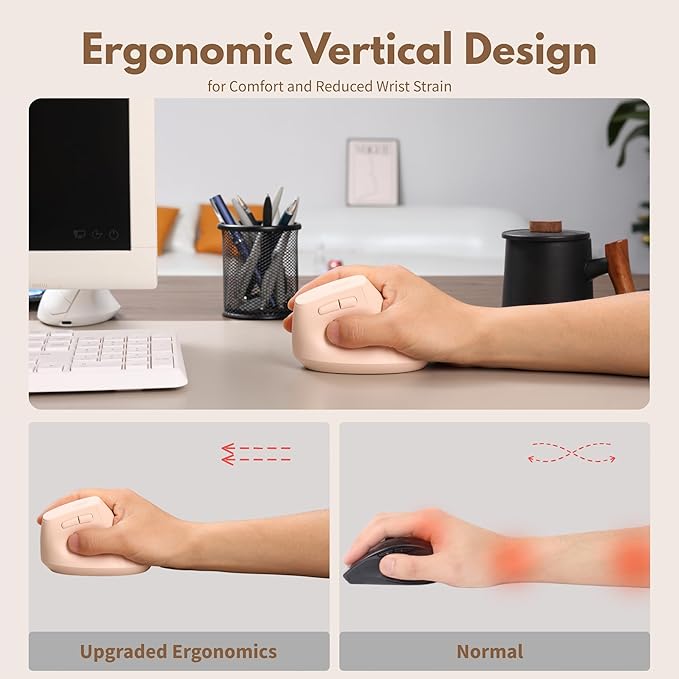 Ergonomic Wireless Mouse Pink,Bluetooth Vertical Mouse with BT5.0/4.0/2.4G, Rechargeable with Battery Indicator,Ergonomic Design for Comfort and Reduced Wrist Strain for Home,Office Use Pink