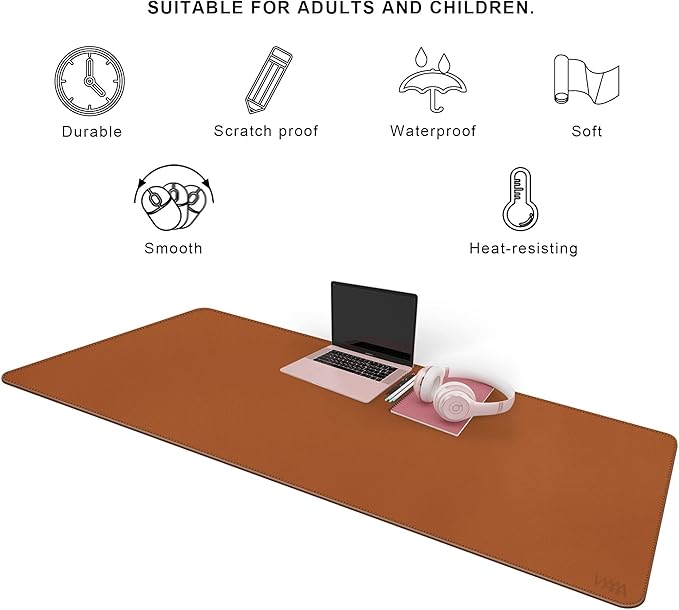 Vyaaa Desk Mat on top of Desks, 63" x 24" PU Leather Desk Mat, Large Desk Blotter Pad for Office, Home, Gaming, Computer, Laptop, Keyboard and Mouse - Light Brown