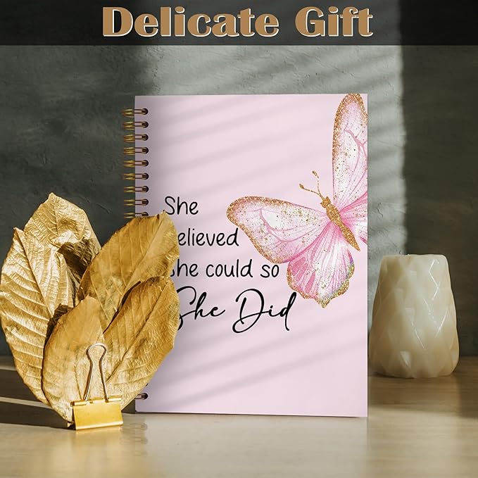 Pink Butterfly Inspirational Spiral Notebook 5.5x8.3, She Believed She Could So She Did Motivational Journal, Inspirational Encouragement Gifts for Women, Pink Office Supplies