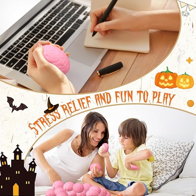 Leitee 12 Pcs Brain Stress Balls Bulk Large Halloween Brain Toys PU Hand Muscle Exercise Pressure Ball Funny Stress Relief Toy for Teens Adult Improving Grip Strength Prop(Pink)