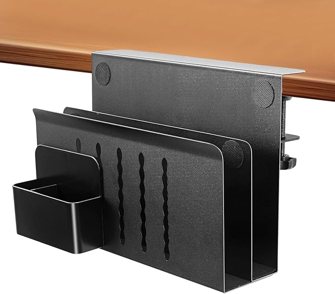 2 Tier Desk side storage, Desk Laptop Holder with Magnetic Pen Holder, No Drill Hanging Table Organizer for Office and Home Fits Flat Edge 0.3" to 2.3"