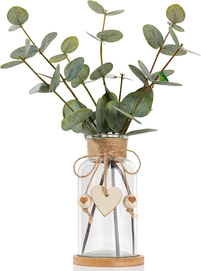 Artificial Eucalyptus Greenery Stems in Glass Vase,15" Doule Side 3D Fake Plants Eucalyptus Leaves faux Greenery for Centerpiece Table Decorations Home Room Decor office Desk Green Decor (Clear)
