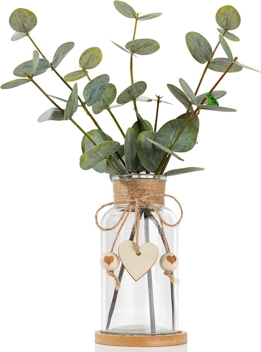 Artificial Eucalyptus Greenery Stems in Glass Vase,15" Doule Side 3D Fake Plants Eucalyptus Leaves faux Greenery for Centerpiece Table Decorations Home Room Decor office Desk Green Decor (Clear)