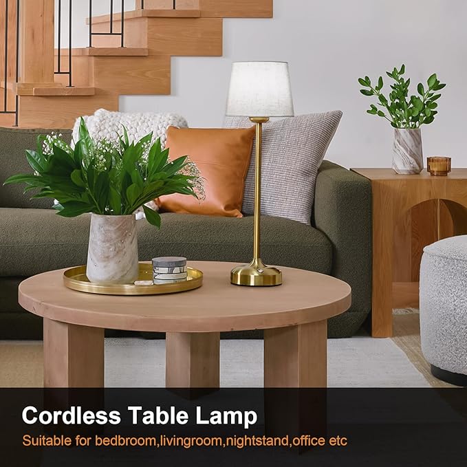 YAYZA! Cordless Table Lamp Adjustable Height Desk lamp, Fabric Shade 7500mAh Rechargeable LED Wireless Touch Night Light Stepless Dimming, 3 Color Temperatures with Edison Bulb (High Gold - 2 Pack)
