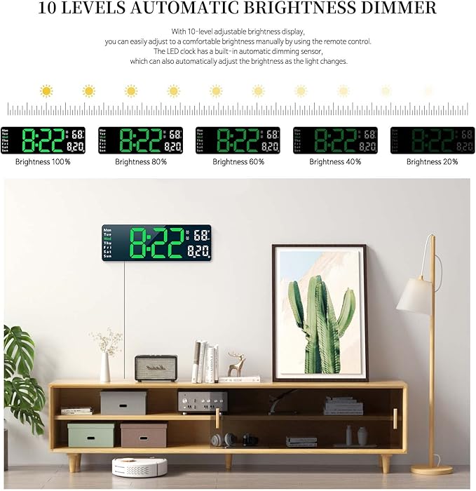 Digital Clock, Digital Wall Clock for Living Room Decor, Desk Alarm Clock for Bedroom, Large Wall Clock with Remote Control, Automatic Brightness Dimmer LED Clock with Date Temperature Week (Green-B)