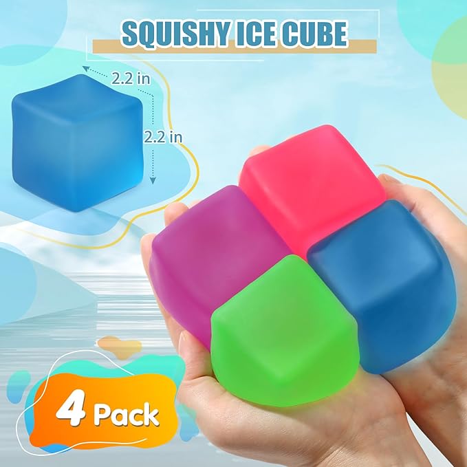 Stress Cube Squishy Fidget Toy: 4 Pack 2.2" Square Ice Cube High Density Gel Filled, Quiet Fidget for Classroom, Sensory Anxiety Relief Item for Kids Adults, Malt Sugar Calming Stress Balls