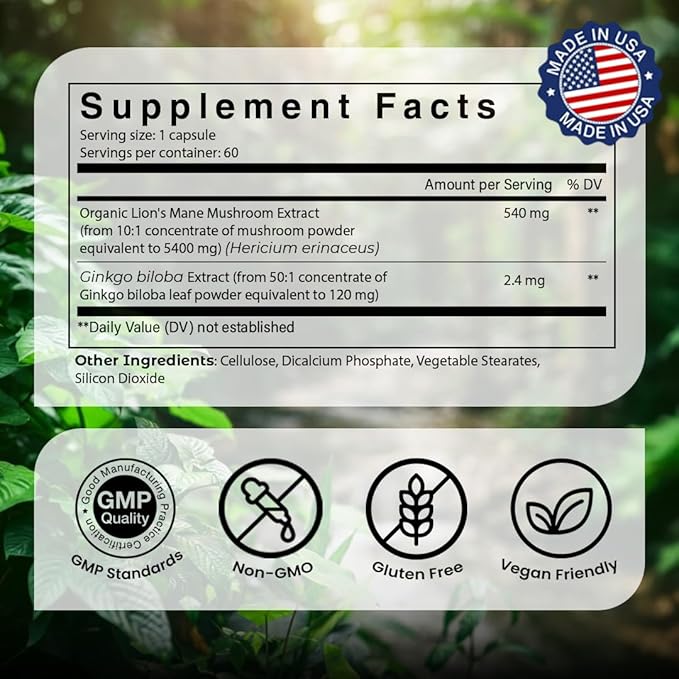 Lions Mane Supplement Organic Capsules - with Ginkgo Biloba - Cognitive Health, Focus & Memory Support - Natural Superfood for Brain, Energy & Immune Health - 60 Capsules - 2 Month Supply