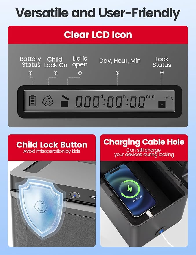 Vaydeer Metal Time Lock Box, Phone Lock Box with Timer, Timed Locking Safe, Self-Control Container with USB C Charge,Child Lock, Audio Prompt, Time Release Storage Locker for Phone/iPad Mini/Medicine