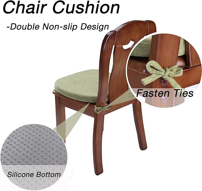 Chair Cushion with Ties for Dining Chairs - Memory Foam Non Slip Kitchen Chair Pad and Dining Seat Cushion with Machine Washable Cover [16.5 x 16.2 Inches] - Green