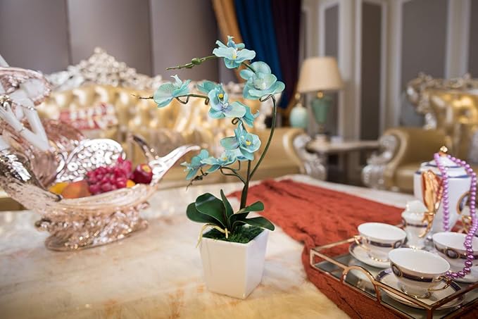 15 Inches Tall Artificial Silk Phalaenopsis Orchid Flower Plant Pot Teal Arrangements (Golden Blue)