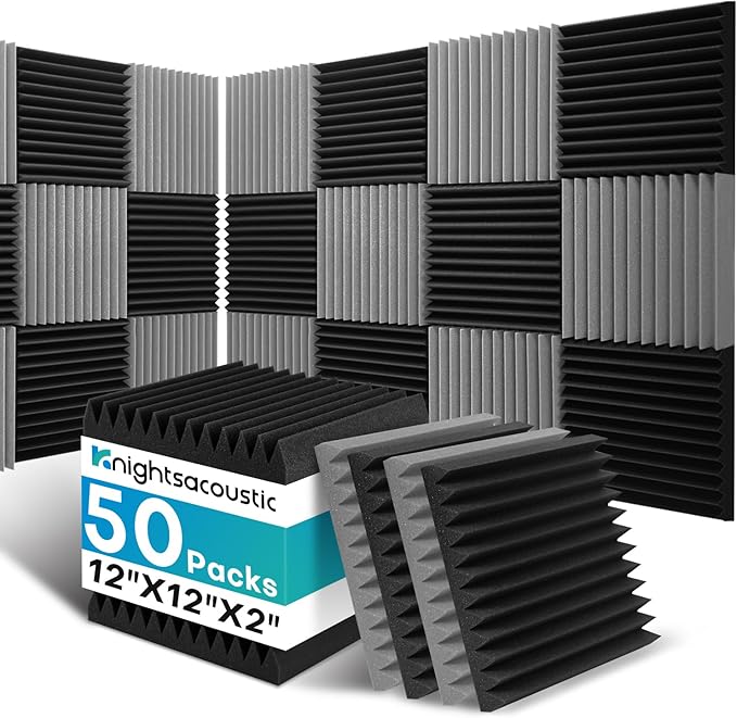 50 Pack Sound Proof Foam Panels for Walls, 2 X 12 X 12 Inches Acoustic Foam Panels, High Density Acoustic Panels Sound Absorbing, Noise Cancelling Studio Wedges, Black + Grey (NOT INCLUDE ADHESIVE)