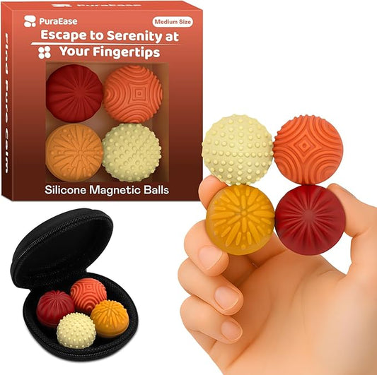 Magnetic Sensory Fidget Balls – 4PC Medium Weighted Textured Silicone Stress Relief Toys for Adults & Teens with ADHD, Autism, Anxiety – Quiet Magnet Fidgets for Desk, Travel, Office & Gifts