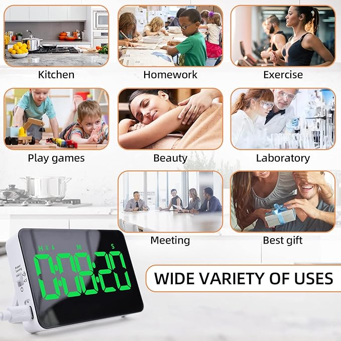 Rechargeable Digital Kitchen Timer for Cooking, Magnetic Timers with Countdown/up, Kids Timer with 5”LED Display 3 Brightness 4 Volume Adjustable for Classroom/Office/Home/Work/Fitness/Game(Green)