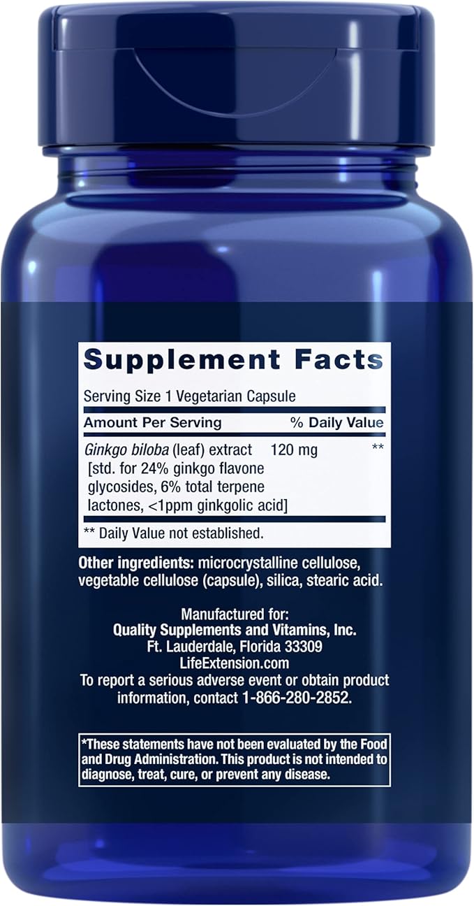 Life Extension Ginkgo Biloba Certified Extract™, 120 mg, Helps Maintain Memory & cognition, Gluten-Free, Non-GMO, Vegetarian, 365 Capsules