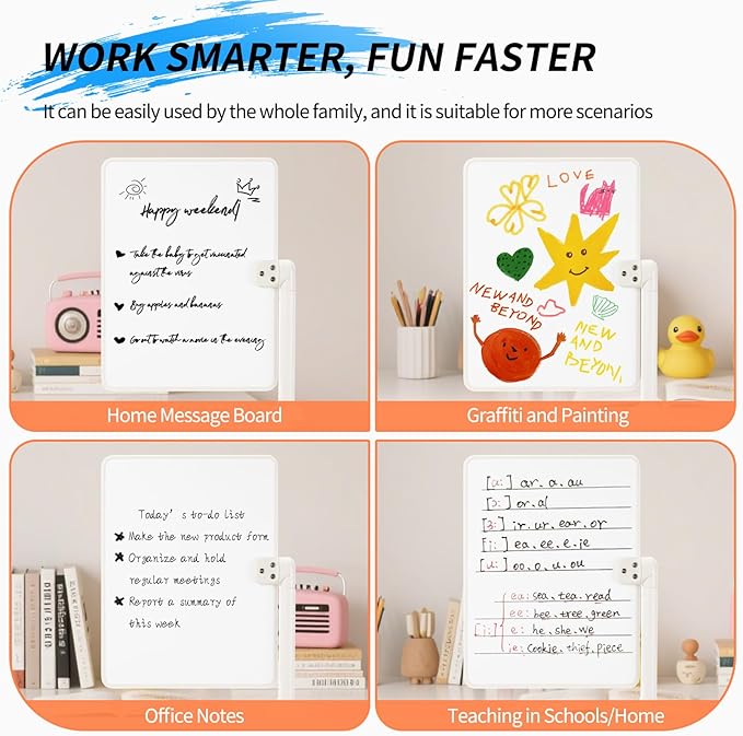 360° Rotating Desktop Dry Erase Whiteboard with Stand, 16" x 12" Double-Sided Magnetic Board with Clamp Holder Mount for Desk Up to 2.17" for Drawing, Office, Home, School (White)