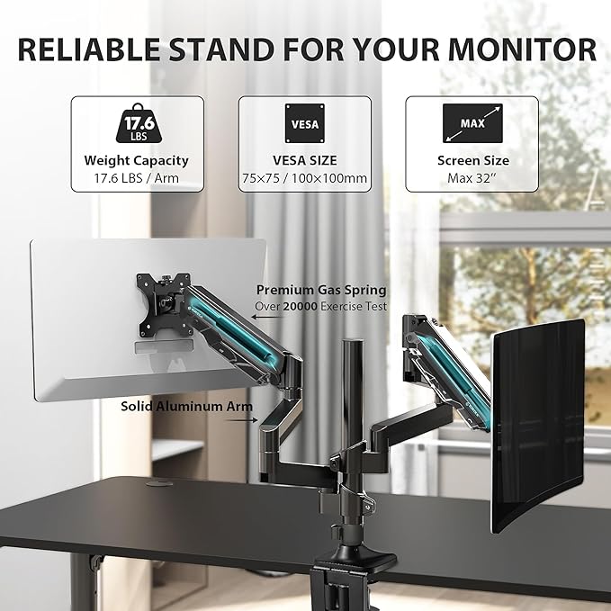 EUREKA ERGONOMIC Dual Monitor Stand, Fully Adjustable Gas Spring Double Monitor Arms for PC Computer Screen 13 to 32 inch up to 17.6 LBS W VESA 75x75mm,100x100mm C Clamp Grommet Base, Black