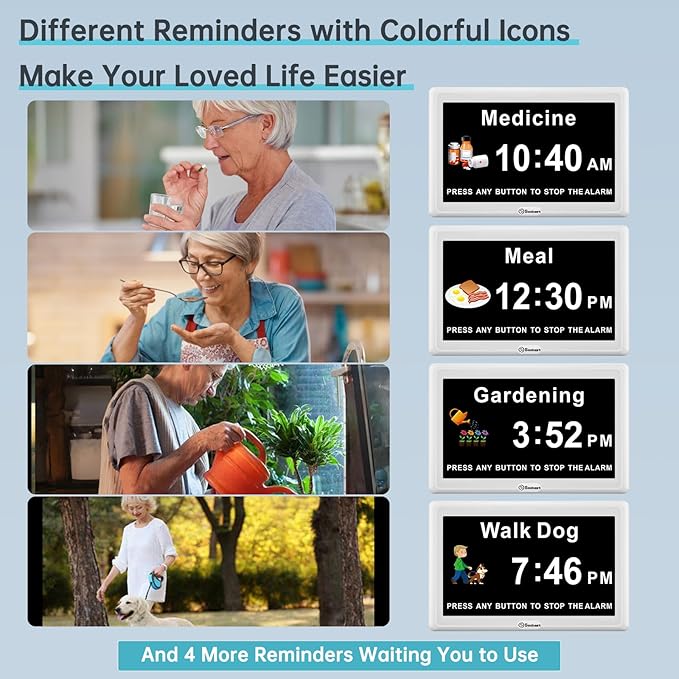 Soobest Digital Dementia Alarm Clock for Seniors Elderly, Electric Large Display Date Day of Week Time Calendar Clock 20 Reminders 3 Ringtones for Memory Loss Alzheimers, Auto DST/Dimmer, 1024*600P HD