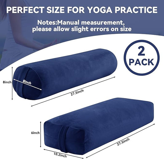 ROYALAY 2 Pcs Yoga Bolster Pillow for Restorative Yoga, Rectangular and Cylinder Meditation Pillow Set with Carrying Handles, Supportive Cushion for Exercise Workout Stretching Meditation,Dark Blue