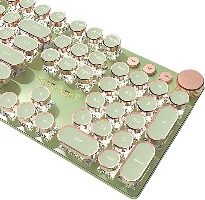 Typewriter Style Mechanical Gaming Keyboard White LED Backlit 104-Key NKRO Pink Switches Retro Round Keycaps Golden Ring Volume Knob Metal Panel Wired USB-C Detachable Cable, Matcha Green