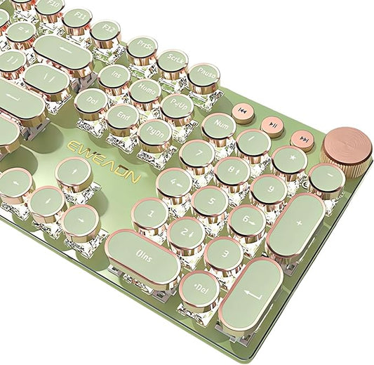 Typewriter Style Mechanical Gaming Keyboard White LED Backlit 104-Key NKRO Pink Switches Retro Round Keycaps Golden Ring Volume Knob Metal Panel Wired USB-C Detachable Cable, Matcha Green