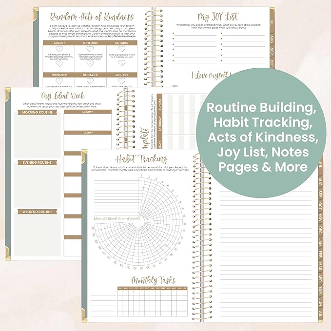 bloom daily planners HARDCOVER 2025-2026 Academic Year Planner (July 2025 - July 2026) - A5 Task Goal Organizer - Aesthetic Monthly & Weekly Inspirational Agenda Book - 5.5" x 8.25" - Green Linen