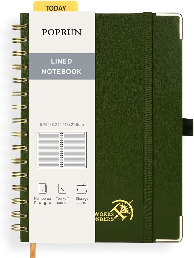 POPRUN Lined Spiral Journal Notebook, [A5-5.75'' x 8.25''] - 120 GSM Thick Paper, 141 Numbered Pages, College Ruled Notebook for Men & Women with Pocket, Index Tabs, 8 Perforated Sheets, Oilve