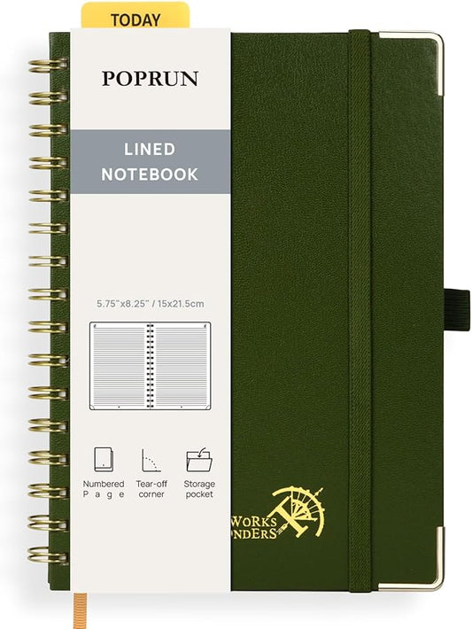 POPRUN Lined Spiral Journal Notebook, [A5-5.75'' x 8.25''] - 120 GSM Thick Paper, 141 Numbered Pages, College Ruled Notebook for Men & Women with Pocket, Index Tabs, 8 Perforated Sheets, Oilve
