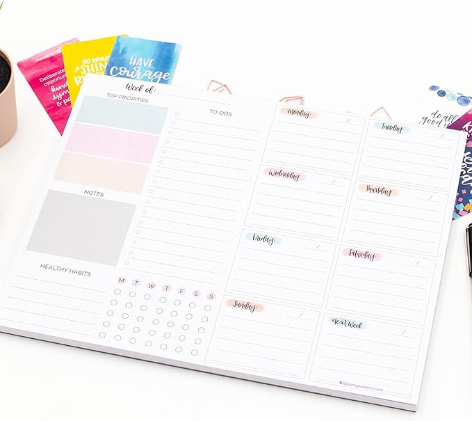 bloom daily planners Horizontal Weekly To Do List Notepad with 60 Undated Sheets - Weekly Desk Planner or Chore Pad with Priorities & Habit Tracker - 8.5” x 11” - Pastel