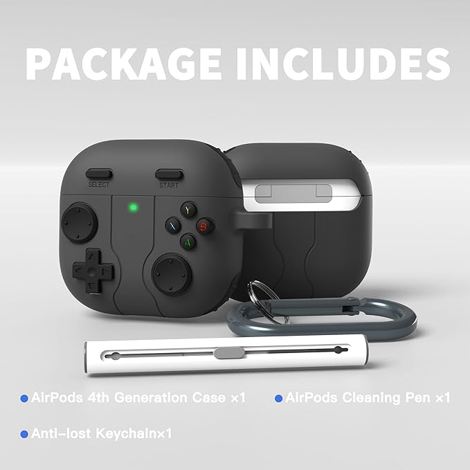 DamonLight Game Case for AirPods 4 Cover Shock-Proof Protective Silicone Case with Cleaning Pen and Keychain Accessories for Apple Airpods 4th Generation (Black)