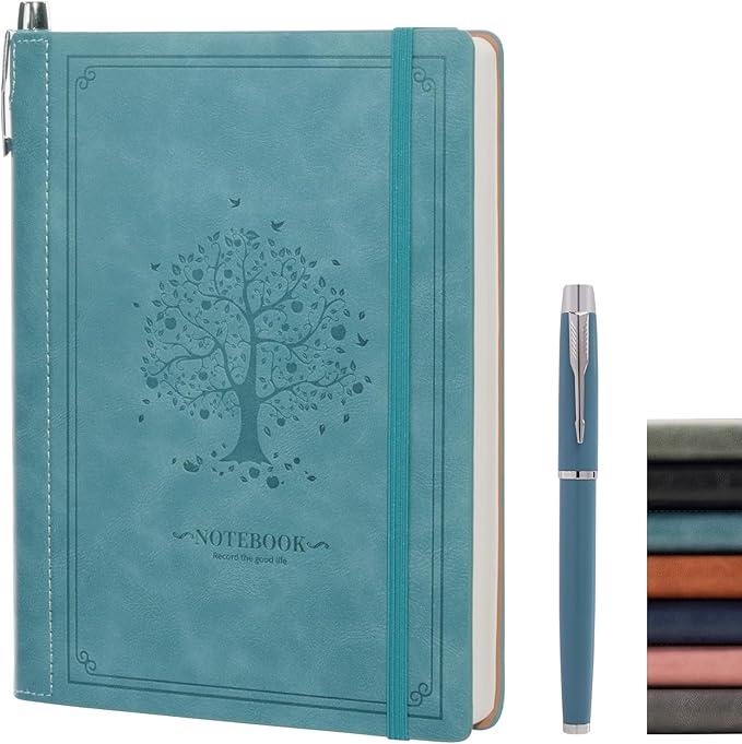 Lined Notebook Journal for Women Men 320 Pages A5 Hardcover Leather with Pen Holder College Ruled Journals for Work Note Taking Travel School Sky Blue