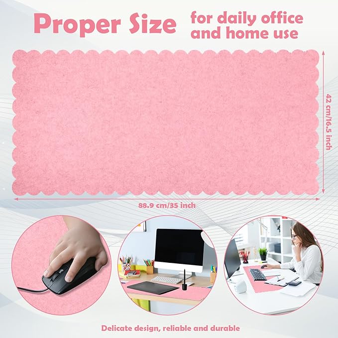 Large Felt Desk Mat with Scalloped Edges for Keyboard and Mouse 35 x 16.5 Inch Non Slip Scalloped Computer Desk Pad(Pink)
