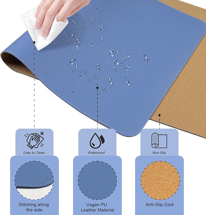 Large Desk Pad 35.4" x 17", Non-Slip Desk Mat with PU Leather & Natural Cork, Waterproof Writing Desk Natural Cork, Computer Mat Desk Protector for Office Home, Lake Blue