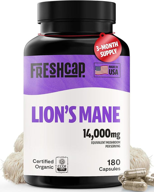 FreshCap Lions Mane Supplement Capsules 14,000mg - Lion's Mane Mushroom Extract for Brain Support, Premium Ayurveda Organic LionsMane Mushroom for Memory, Focus & Clarity (180 Capsules)