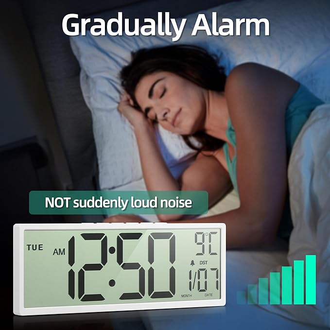 Digital Wall Clock Battery Operated, 15" Digital Clock Large Display with Date and Day of Week, Large Number with Temperature, Auto DST, Alarm, Snooze, 12/24-hour for Desk Office