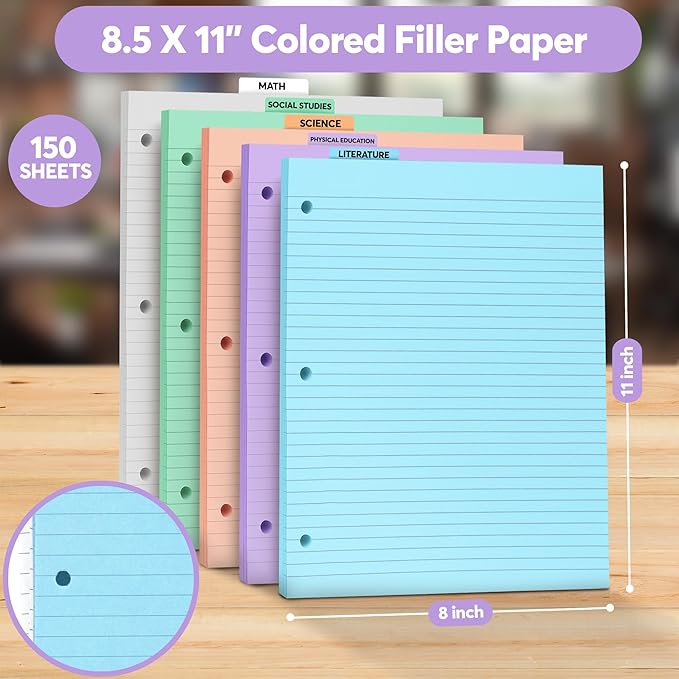 Colored Notebook Paper – 8.5 x 11, 150 Sheets – Thick 80 gsm College Ruled Colorful Loose Leaf Filler Paper – 3-Hole Punched Binder Papers for School, Office, and Journaling (Pastel)