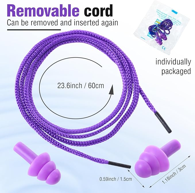 Tondiamo 200 Pairs Ear Plugs Reusable Silicone Earplugs with Cord Sleeping Individually Wrapped Hearing Protection Noise Cancelling Earplugs for Work Construction Shooting Sports(Purple)