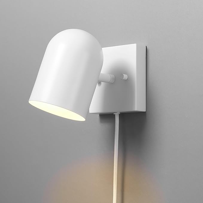 GLOBE Electric 65000146 1-Light Plug-in or Hardwire Wall Sconce, Matte White, 6ft White Braided Fabric Cord, in-Line Rocker Switch, Wall Lights for Living Room, Home Décor