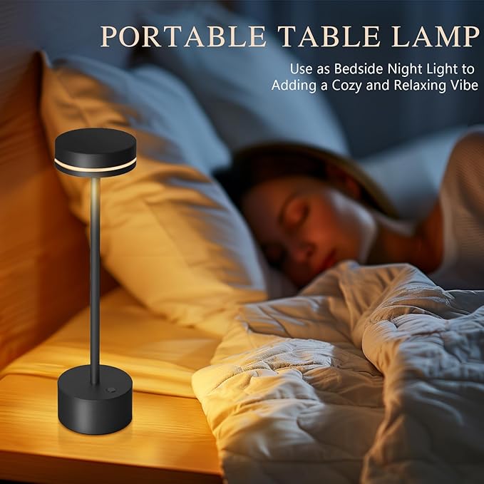 2 Pack Cordless Table Lamp,Bedside Table Lamp for Bedroom,5000mAh Battery Operated Portable LED Desk Lamp,3 Way Dimmable Touch Lamp USB C Charging Ports for Living Room, Desk,Dining Room(Black)