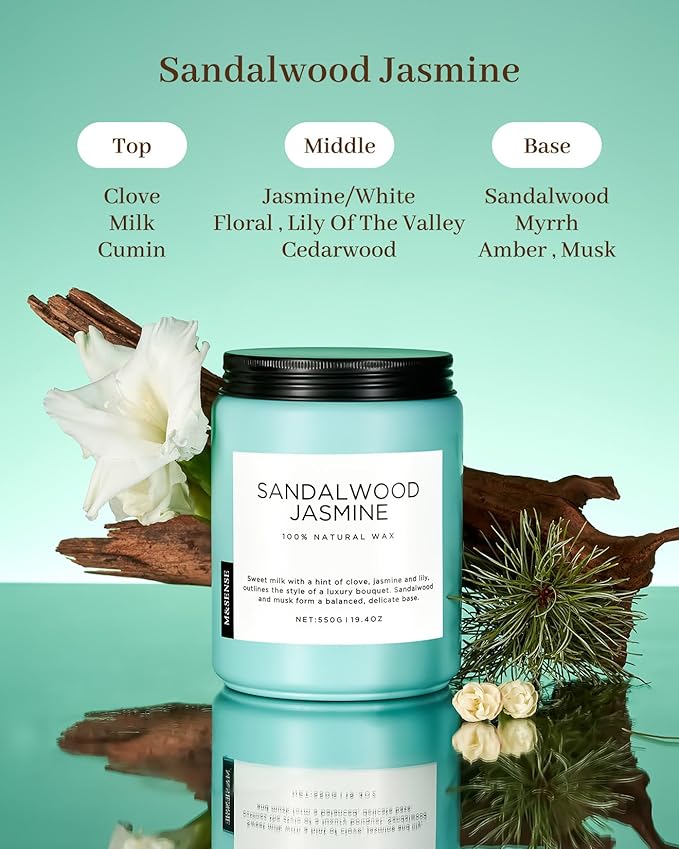 M&SENSE Sandalwood Jasmine Scented Candles, Large Soy Natural Long Lasting 19.4oz 110 Hour Burning Floral Non Toxic Double Wick Aromatherapy Candle Gifts for Women Friend