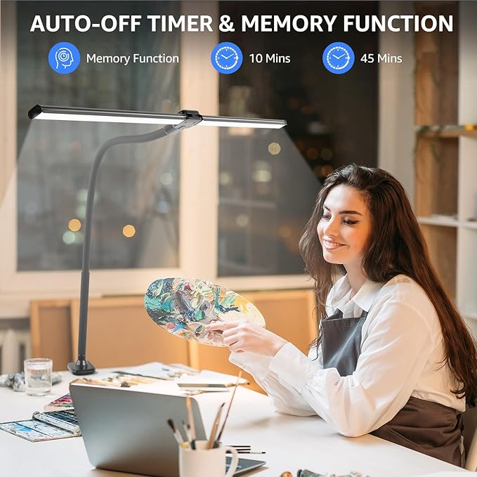 ShineTech LED Desk Lamp for Home Office, 5000K Bright Double Head Architect Task Lamps with Clamp, Dimmable Adjustable Flexible Gooseneck, Black