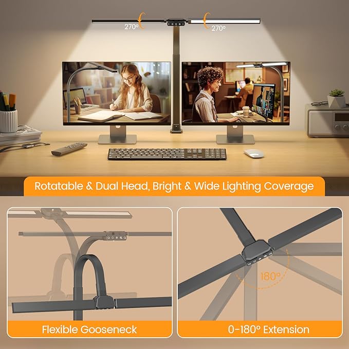 LED Desk Lamp for Home Office - Remote Control Desk Light Computer Lamp with clamp, 22W, Dimmable, Color Changing, Touch Control, Height Adjustable, Black Table Task Light Bar for Work