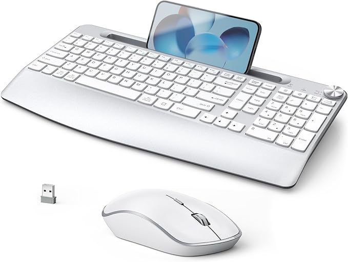JOYACCESS Ergonomic Wireless Keyboard and Mouse, Full Size Wireless Keyboard Designed with Phone Holder and Wrist Rest,Volume Roller for Computer Mac PC Laptop-Silver