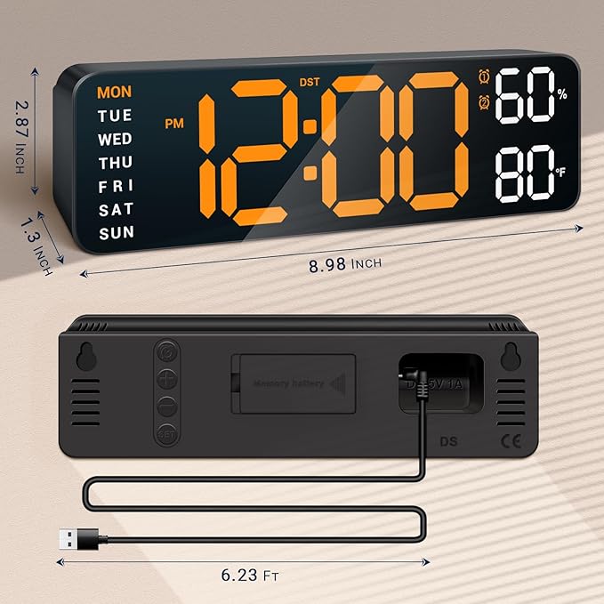 10" Digital Wall Clock: Dual Alarm Wall Mount Decor Clock for Living Room Classroom Office Desk, House Warming Gifts New Home Decor, Gift for Mom Dad Seniors Teen Orange