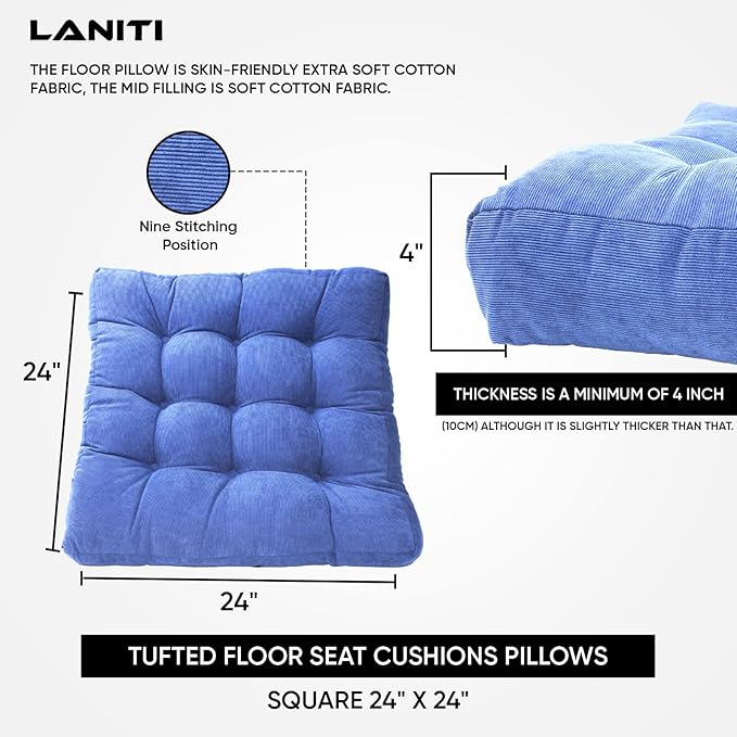 LANITI 24” Inch Extra Large Floor Cushions Tufted Floor Pillow for Adults Square Meditation Ultimate Comfort Oversized Pillows for Floor Cushion (Aqua)